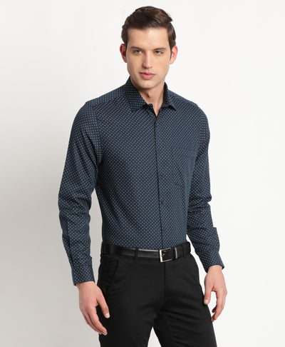 100% Cotton Navy Blue Printed Slim Fit Full Sleeve Formal Shirt