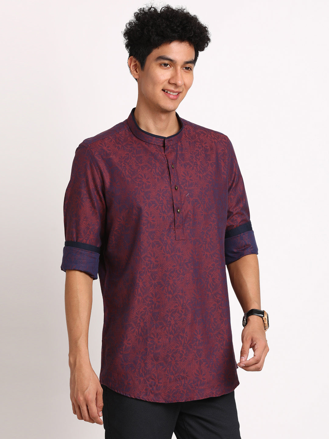 100% Cotton Burgundy Jacquard Kurta Full Sleeve Ceremonial Shirt