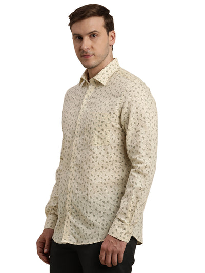 Cotton Linen Cream Printed Slim Fit Full Sleeve Formal Shirt