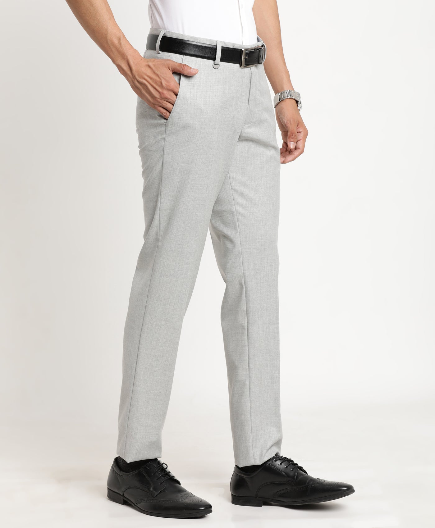 Poly Viscose Cream Plain Slim Fit Flat Front Formal Trouser