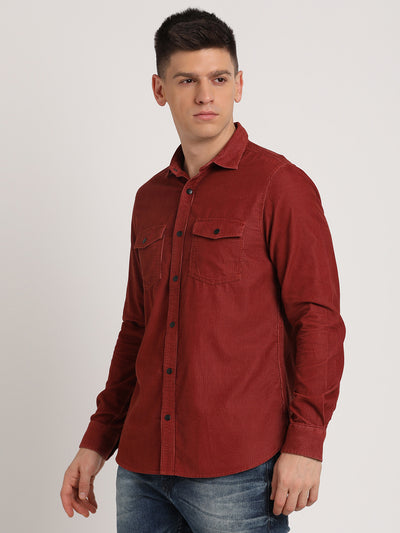 100% Cotton Red Plain Slim Fit Full Sleeve Casual Shirt