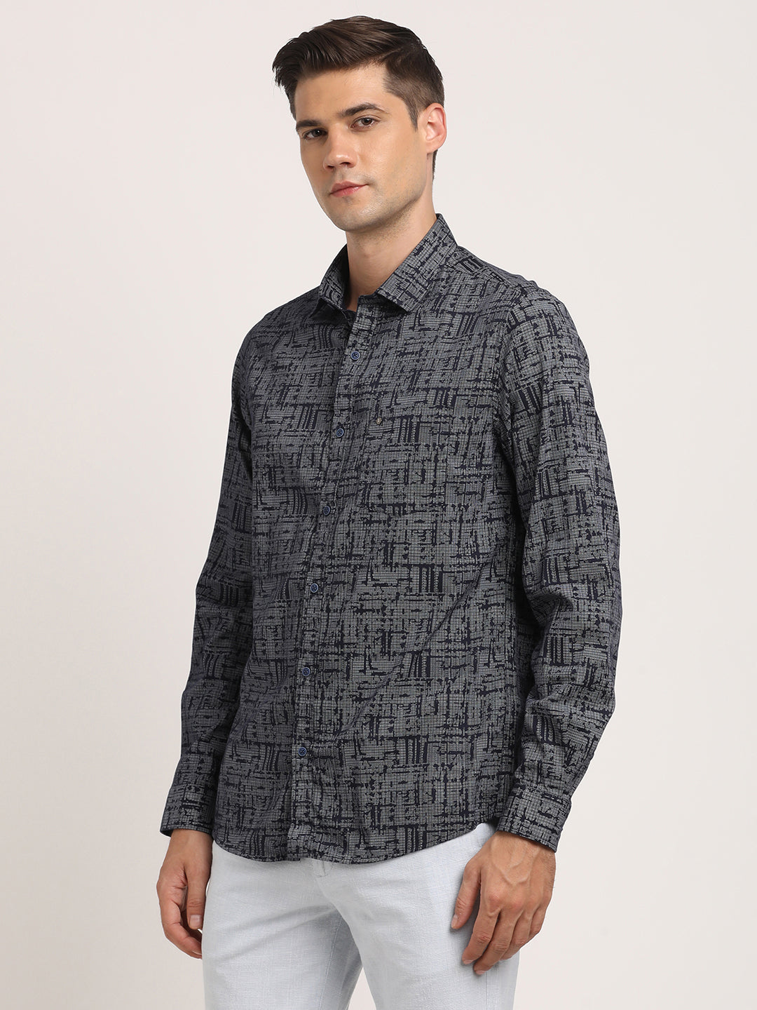 100% Cotton Navy Printed Slim Fit Full Sleeve Casual Shirt