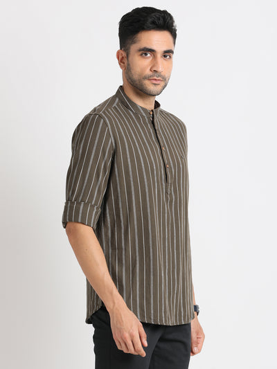 100% Cotton Brown Striped Kurta Full Sleeve Casual Shirt