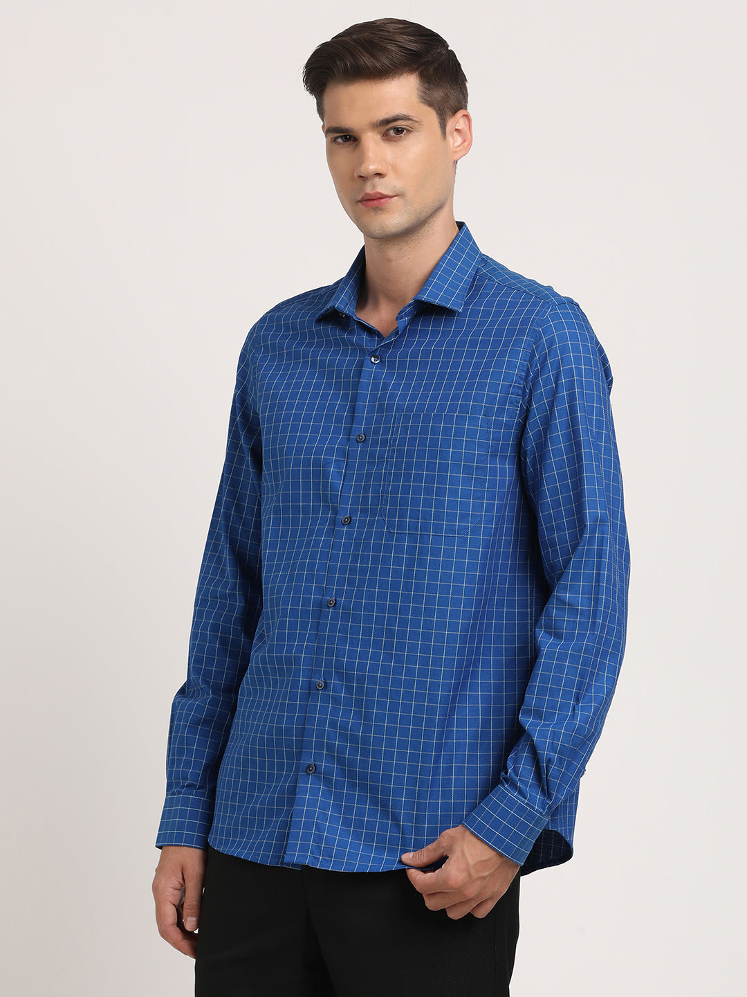 100% Cotton Blue Checkered Slim Fit Full Sleeve Formal Shirt