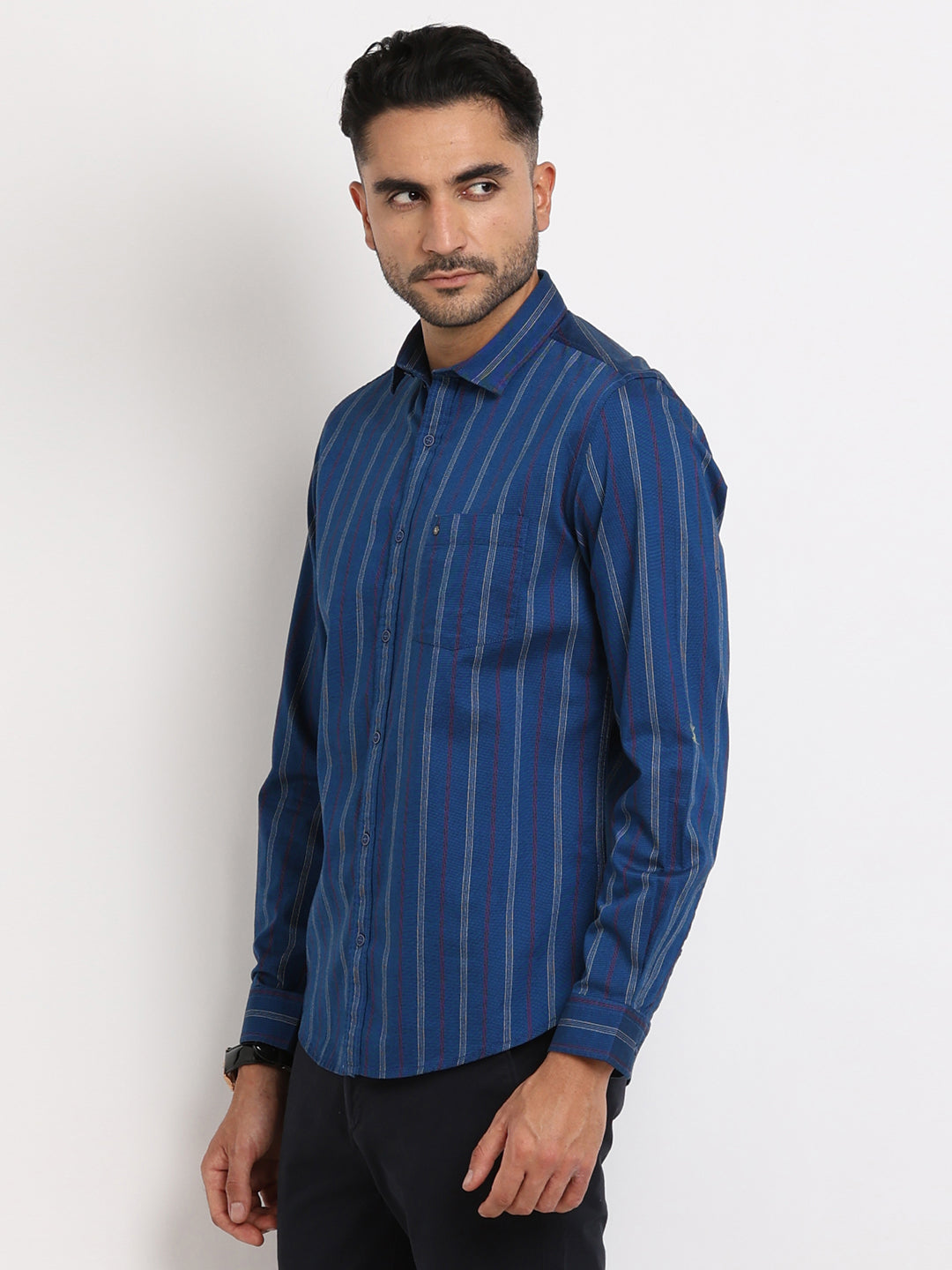 100% Cotton Blue Striped Slim Fit Full Sleeve Casual Shirt