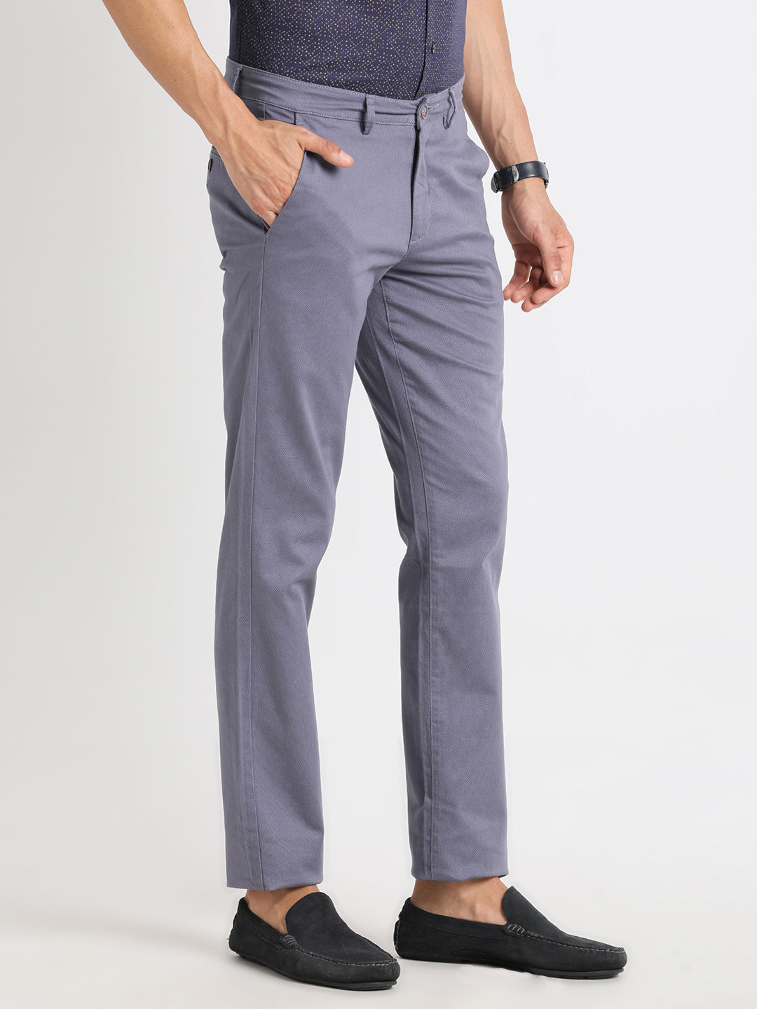 Cotton Stretch Grey Printed Ultra Slim Fit Flat Front Casual Trouser