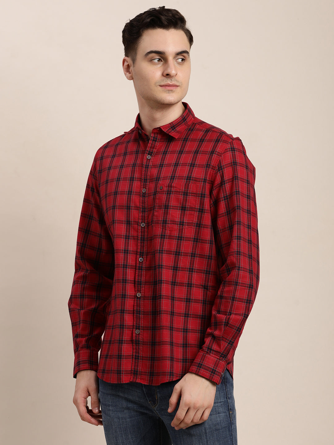 100% Cotton Red Checkered Slim Fit Full Sleeve Casual Shirt