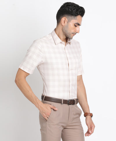 100% Cotton Cream Checkered Regular Fit Half Sleeve Formal Shirt