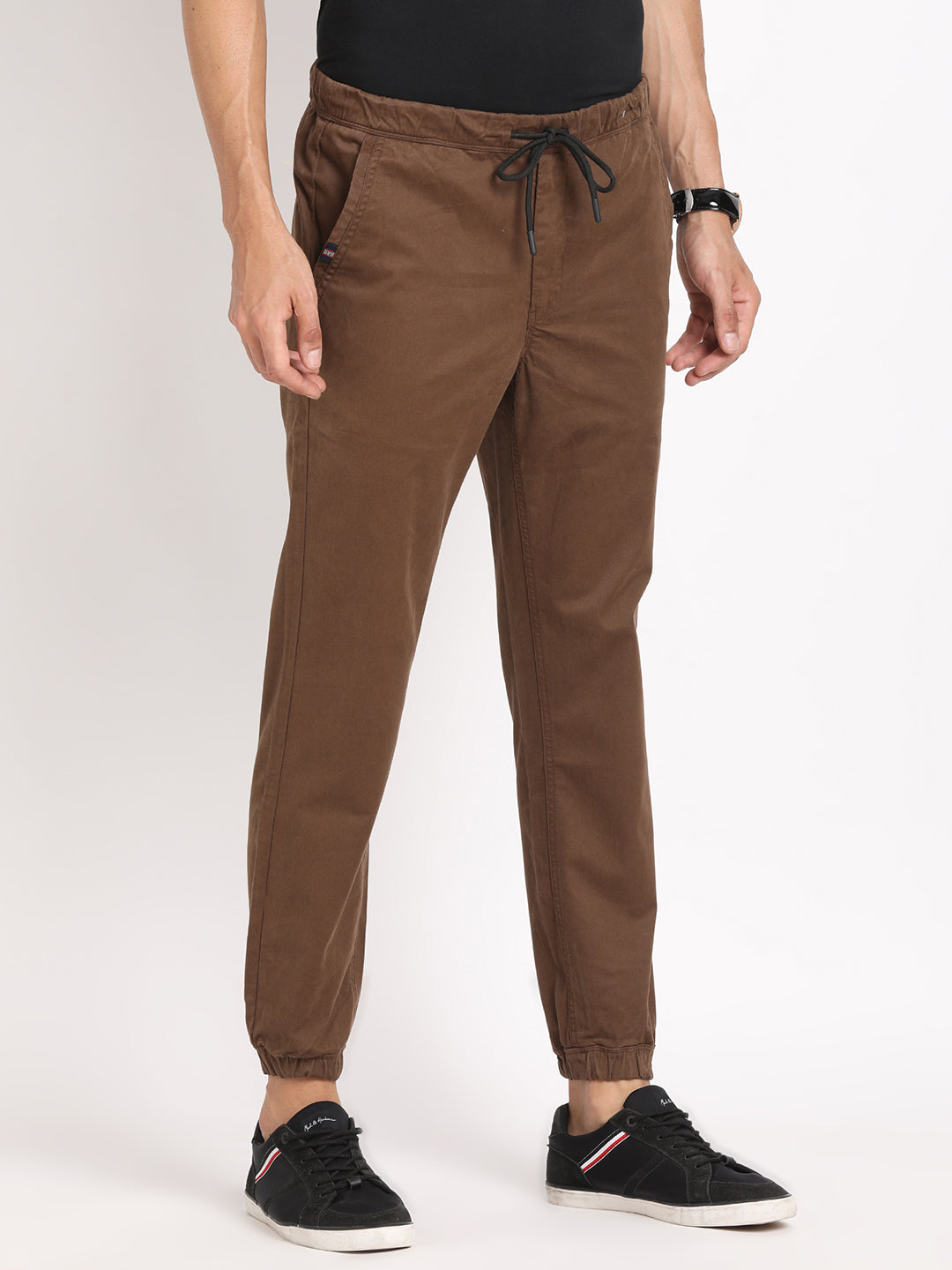 Cotton Stretch Brown Plain Jogger Flat Front Casual Trouser