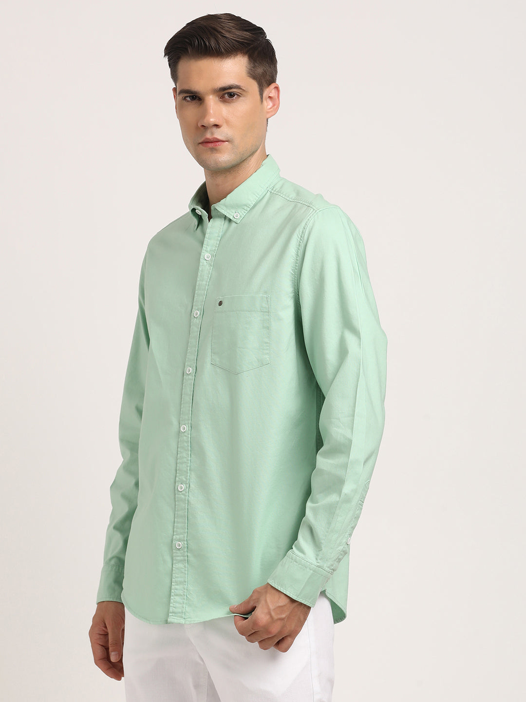 100% Cotton Light Green Plain Slim Fit Full Sleeve Casual Shirt