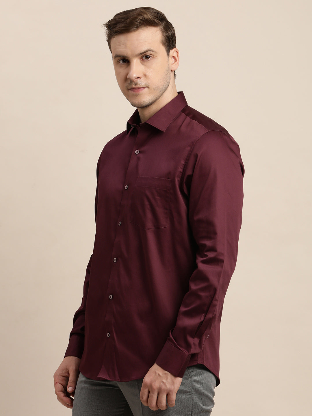 100% Cotton Maroon Plain Slim Fit Full Sleeve Formal Shirt