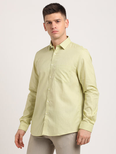 Cotton Tencel Pista Green Printed Slim Fit Full Sleeve Formal Shirt