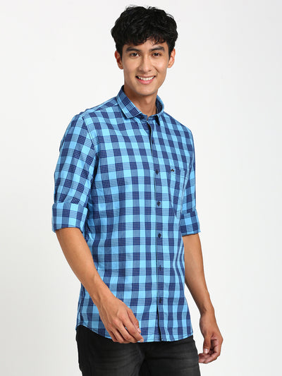 100% Cotton Blue Checkered Slim Fit Full Sleeve Casual Shirt