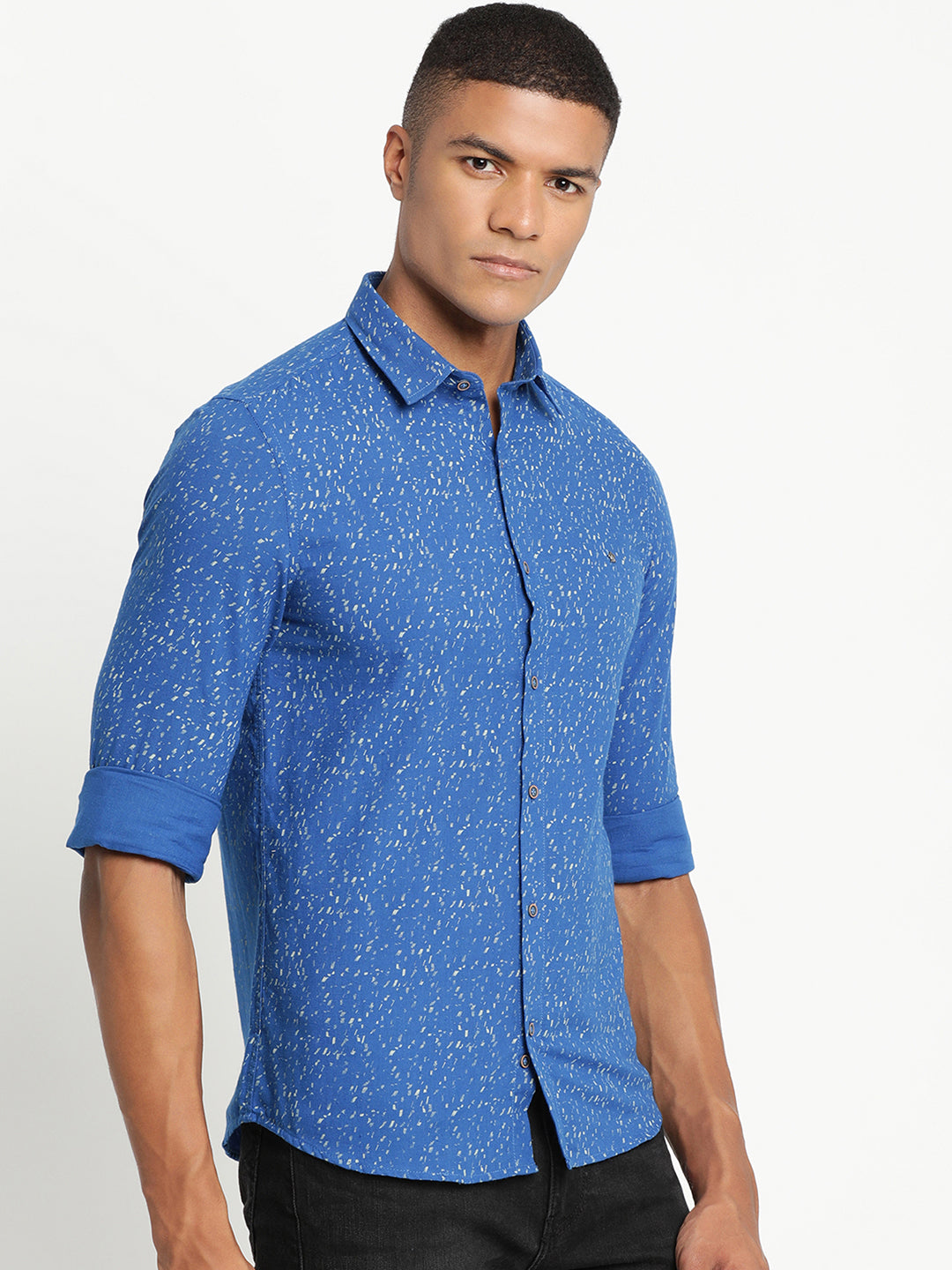 Khadi Blue Printed Slim Fit Full Sleeve Casual Shirt