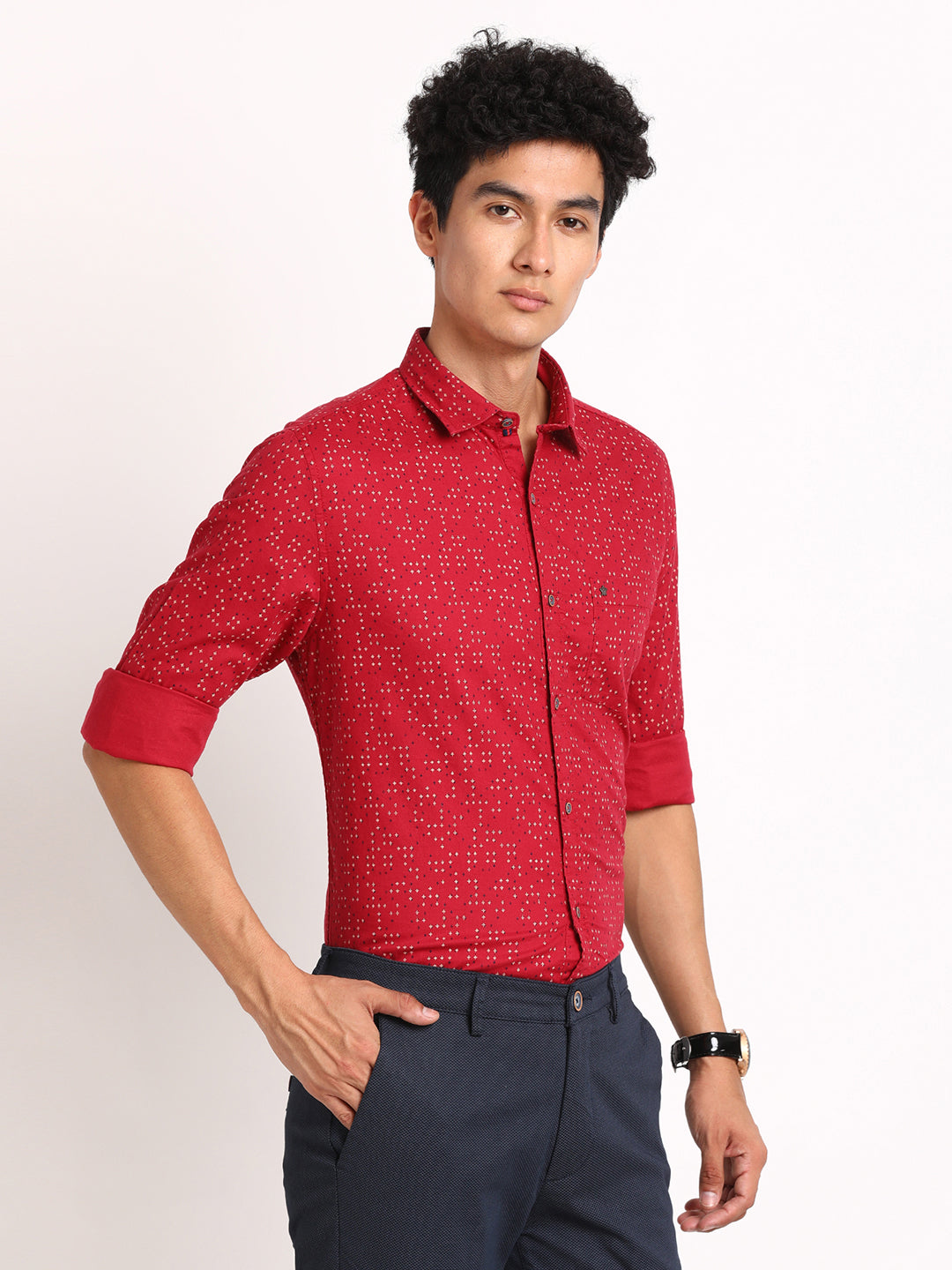 100% Cotton Red Printed Slim Fit Full Sleeve Casual Shirt