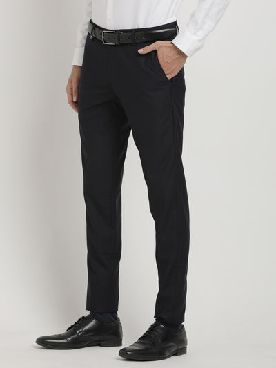 Navy Blue Checkered Ultra Slim Fit Flat Front Formal Trouser