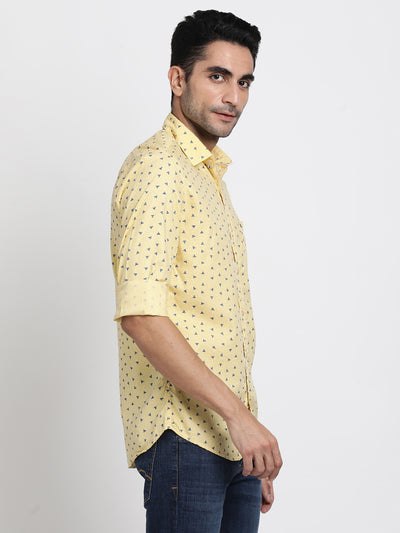 Cotton Tencel Yellow Printed Slim Fit Full Sleeve Casual Shirt