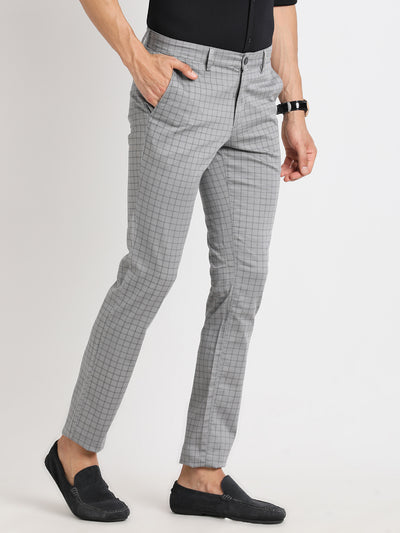 Cotton Stretch Grey Checkered Narrow Fit Flat Front Casual Trouser