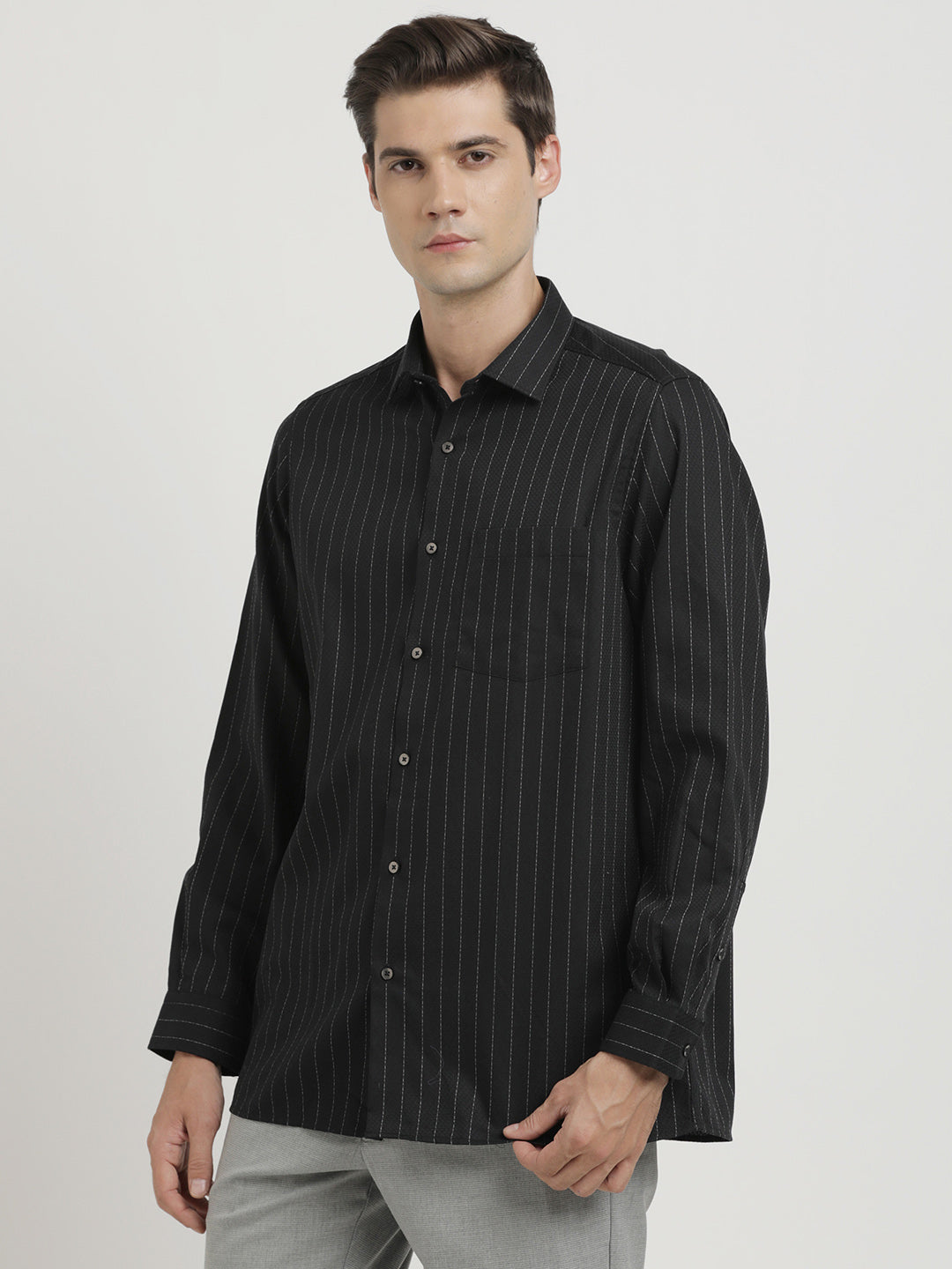 100% Cotton Black Striped Regular Fit Full Sleeve Formal Shirt