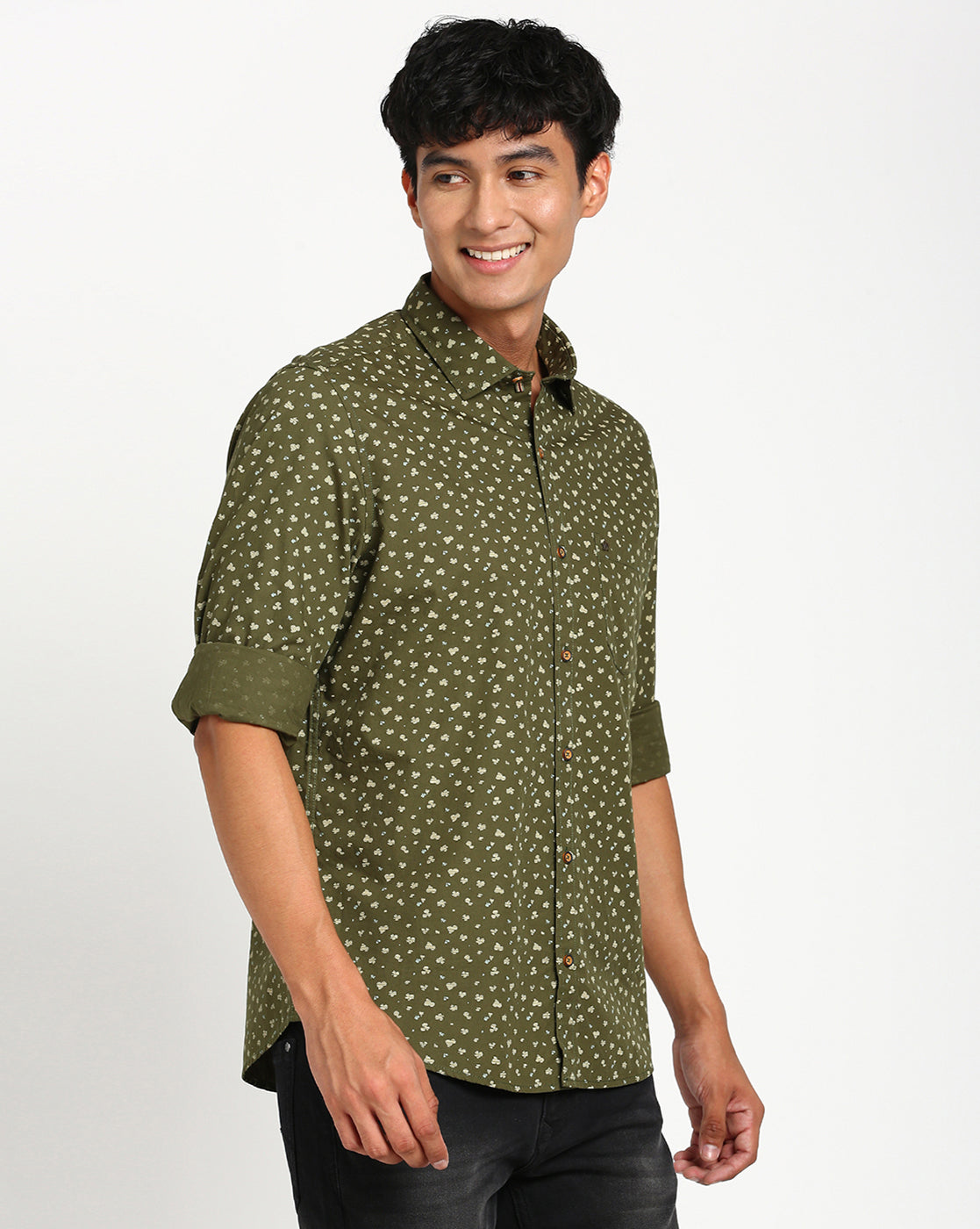 100% Cotton Olive Printed Slim Fit Full Sleeve Casual Shirt