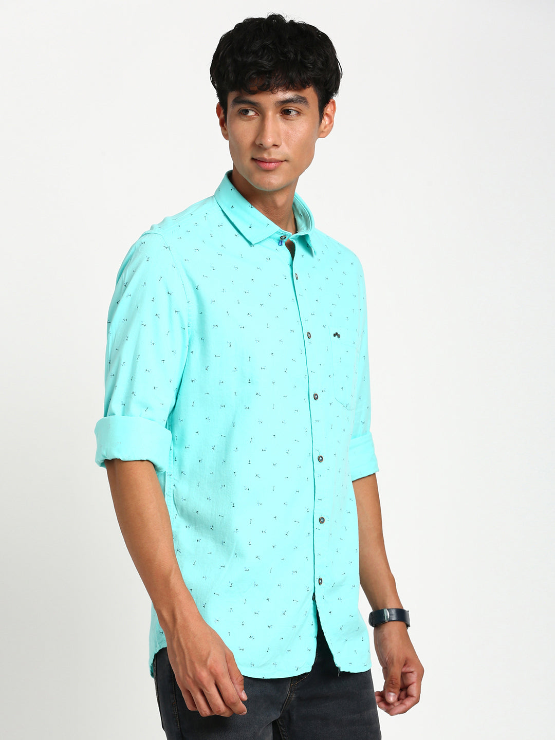 Cotton Tencel Blue Printed Slim Fit Full Sleeve Casual Shirt