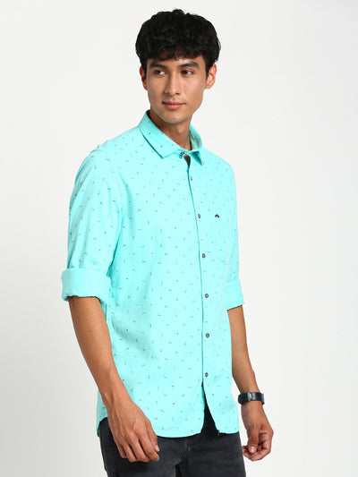 Cotton Tencel Blue Printed Slim Fit Full Sleeve Casual Shirt