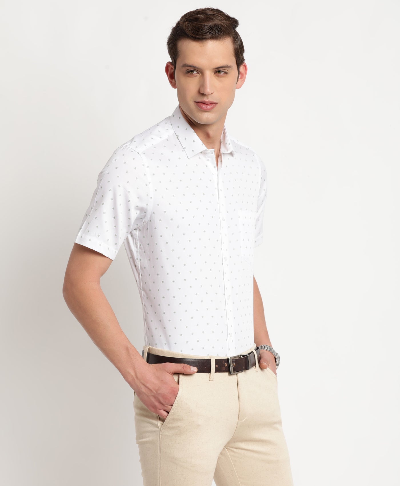 100% Cotton White Printed Regular Fit Half Sleeve Formal Shirt