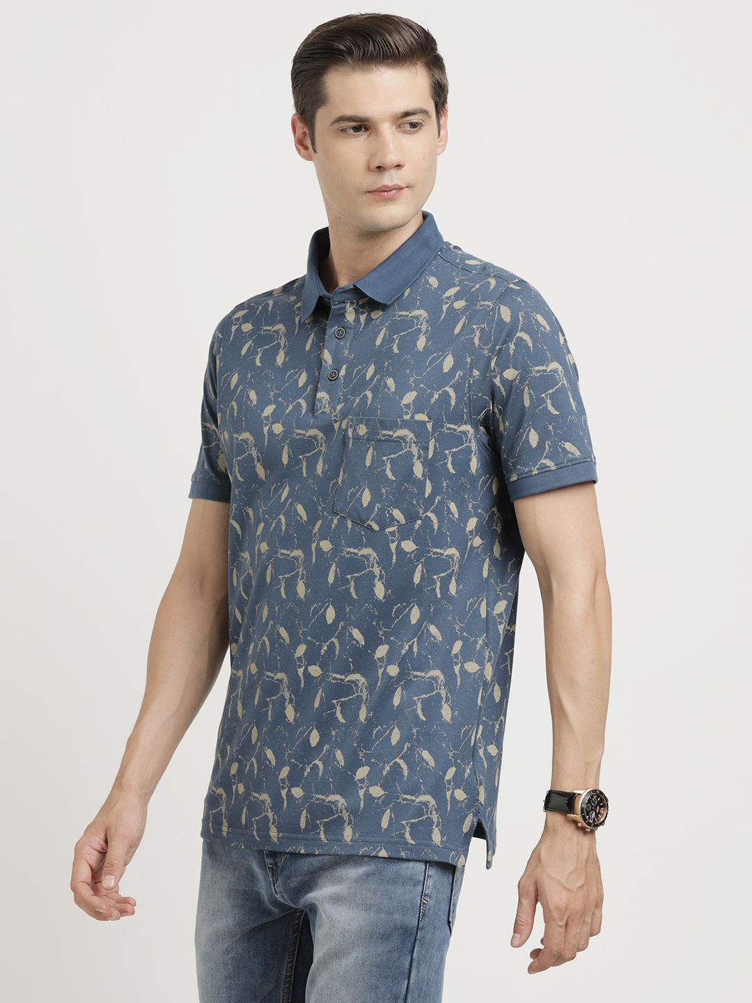 Poly Cotton Stretch Navy Blue Printed Polo Neck Half Sleeve Casual T-Shirt