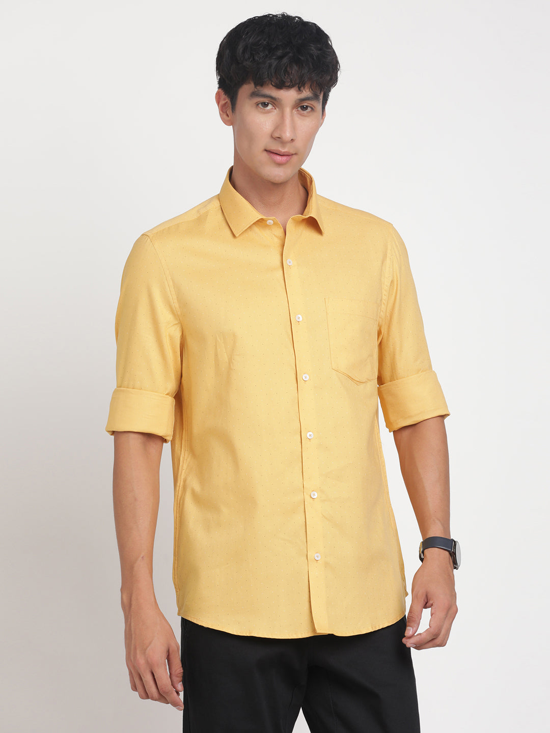 100% Cotton Yellow Printed Slim Fit Full Sleeve Formal Shirt