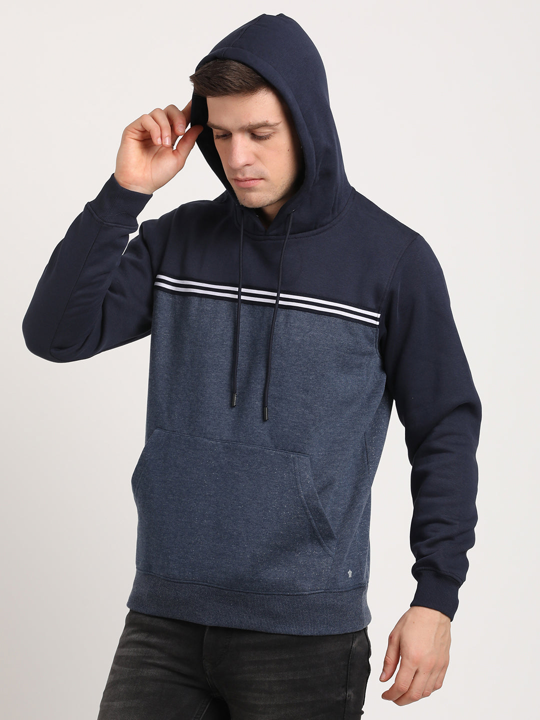 Cotton Stretch Navy Plain Regular Fit Full Sleeve Casual Hoodie Sweatshirt