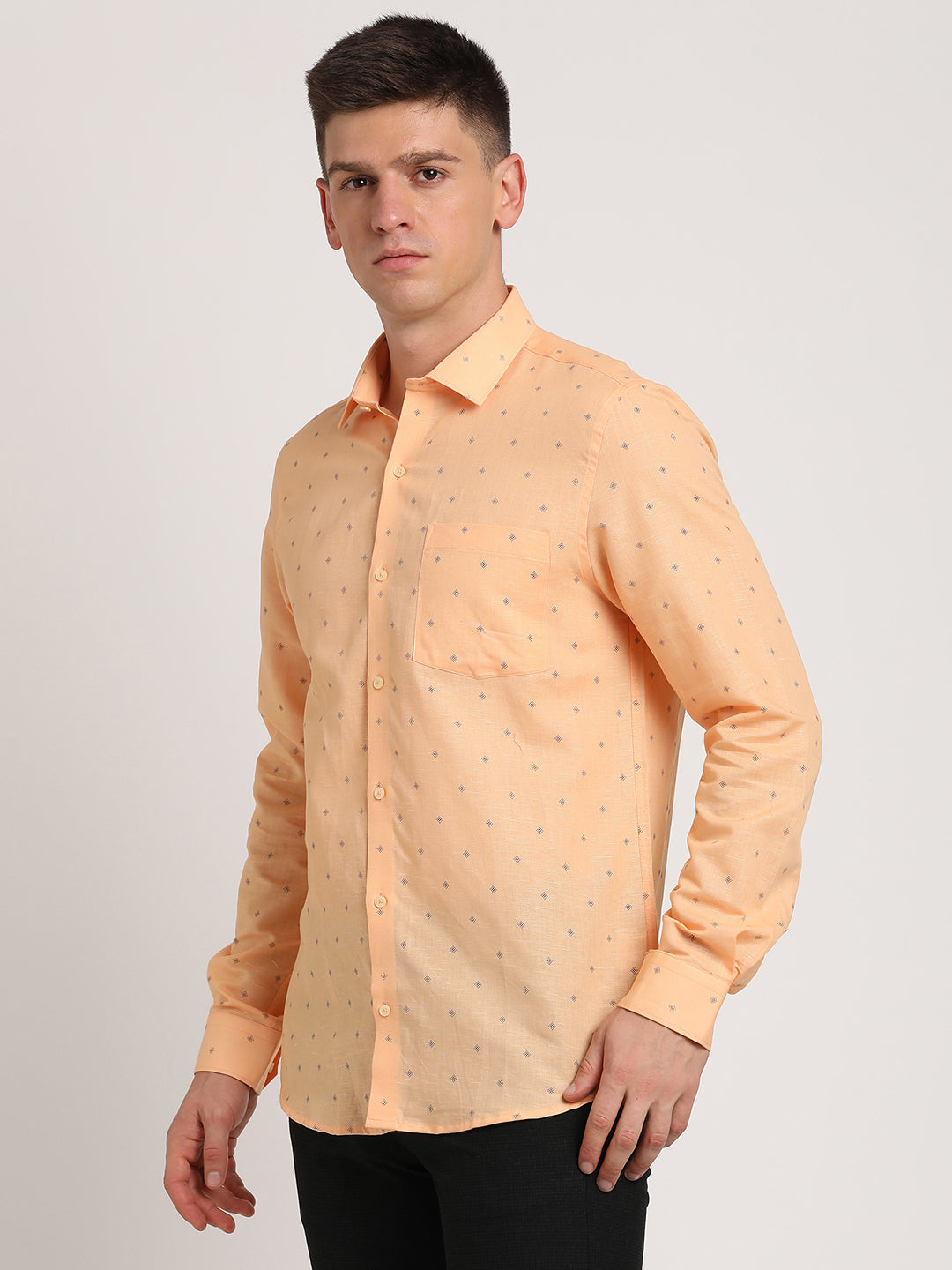 Cotton Linen Yellow Printed Slim Fit Full Sleeve Formal Shirt