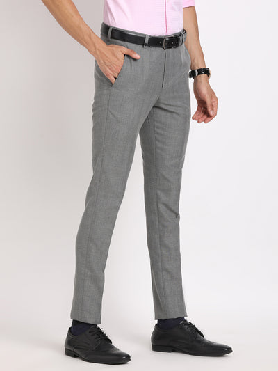 Poly Viscose Stretch Grey Checkered Ultra Slim Fit Flat Front Formal Trouser