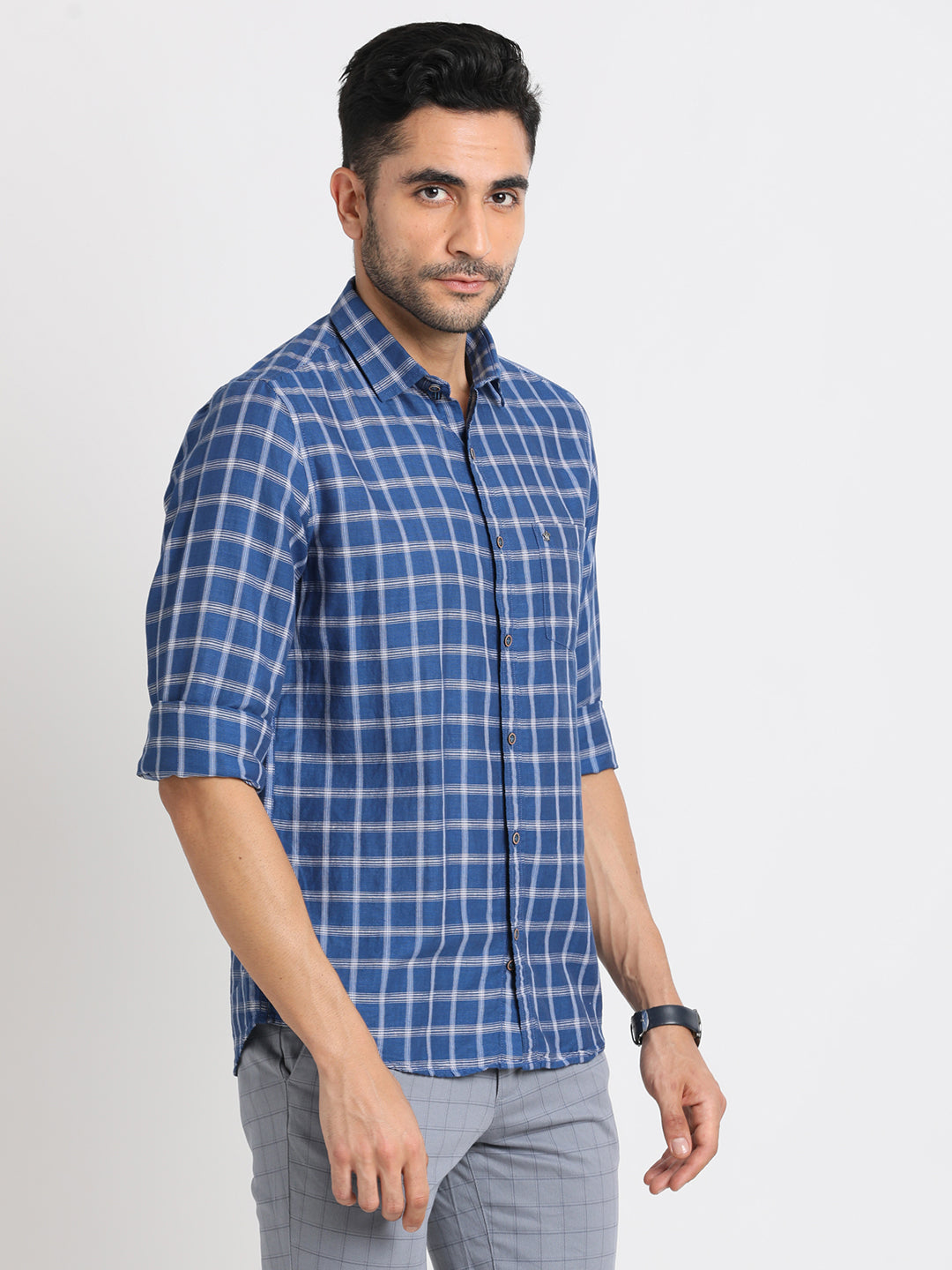 Cotton Linen Blue Checkered Slim Fit Full Sleeve Casual Shirt