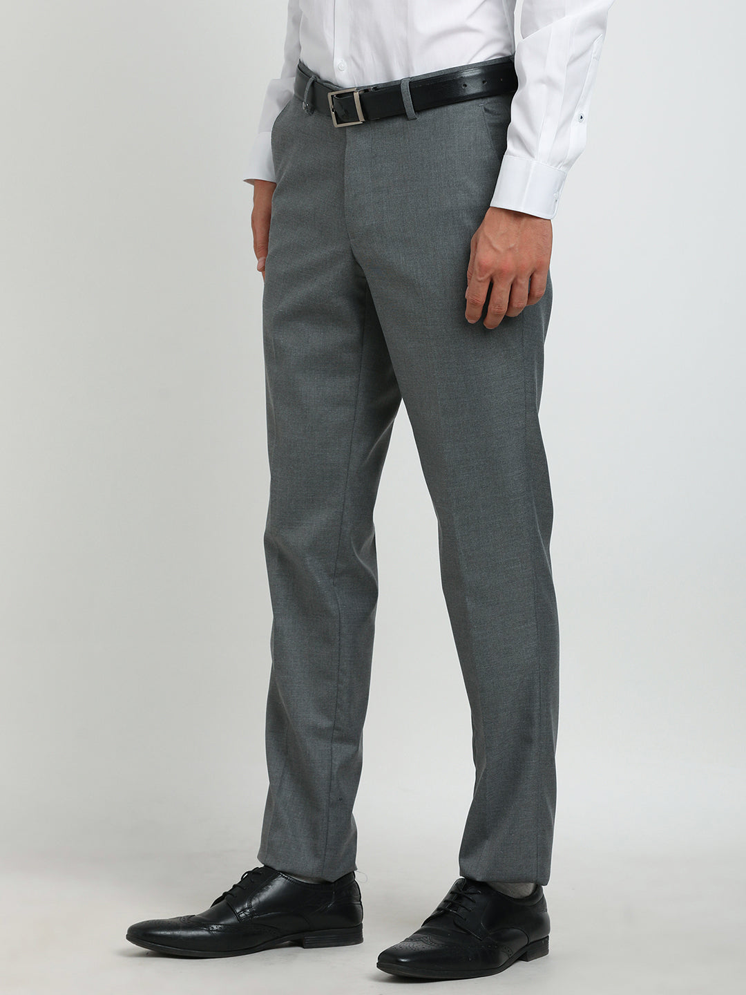 Poly Viscose Grey Plain Slim Fit Flat Front Formal Trouser