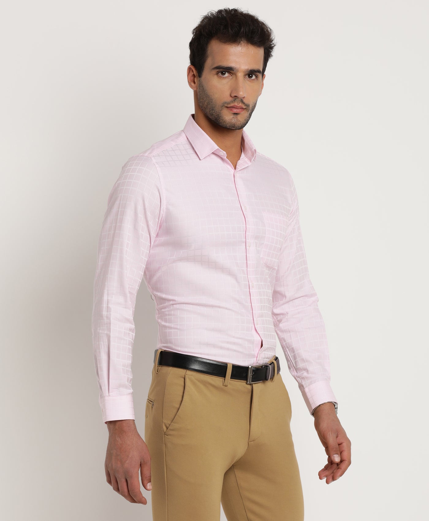 Giza Cotton Pink Checkered Regular Fit Full Sleeve Formal Shirt