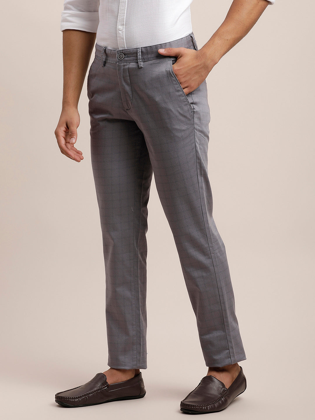 Cotton Stretch Grey Checkered Ultra Slim Fit Flat Front Casual Trouser