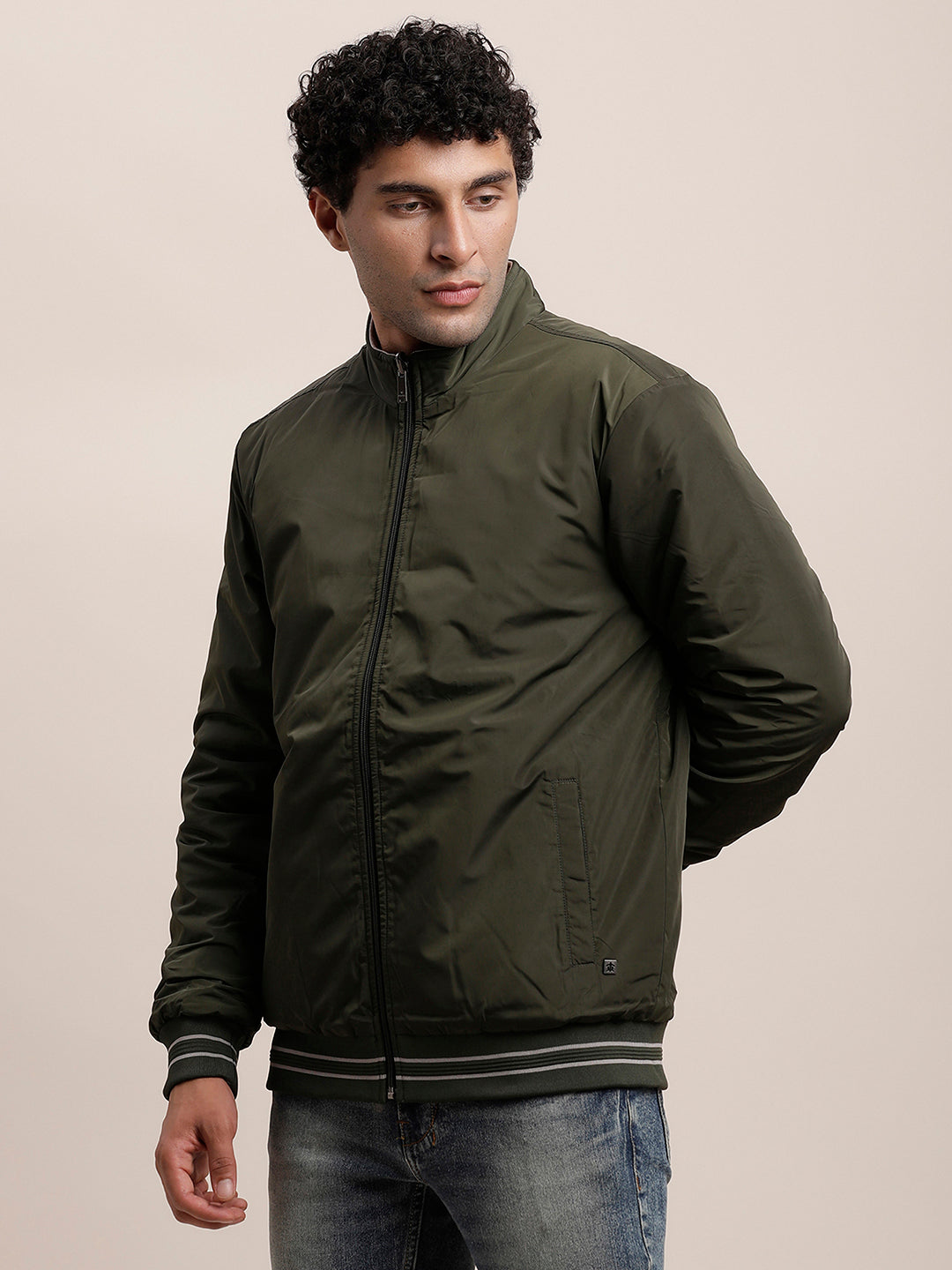 Knitted Solid Green & Grey Zipper Reversible Windcheater Jacket