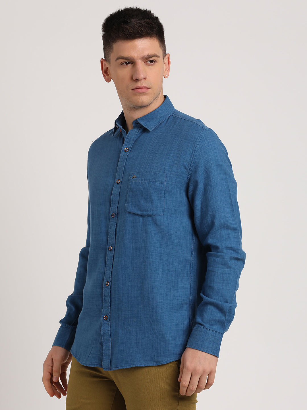 Cotton Lyocell Blue Plain Slim Fit Full Sleeve Casual Shirt