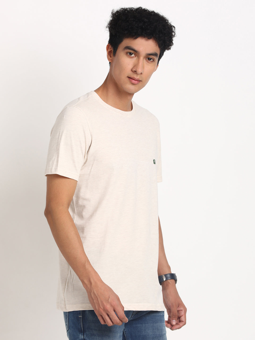 Essential 100% Cotton Cream Chest Printed Round Neck Half Sleeve Casual T-Shirt