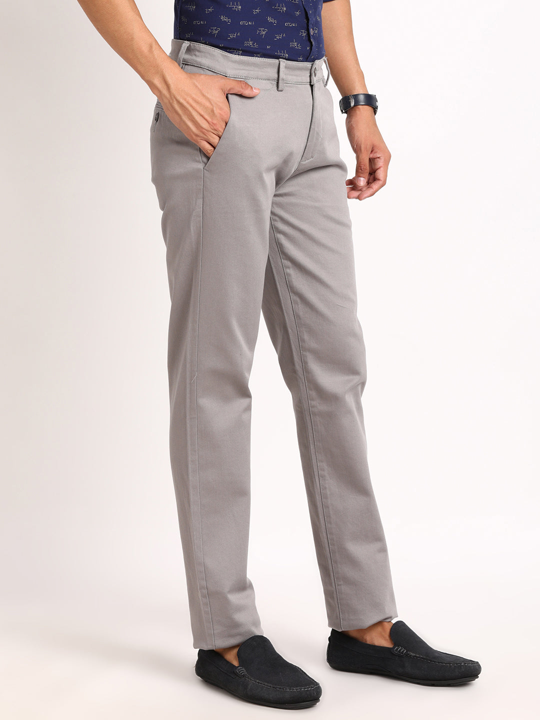 Cotton Stretch Dark Grey Dobby Ultra Slim Fit Flat Front Casual Trouser