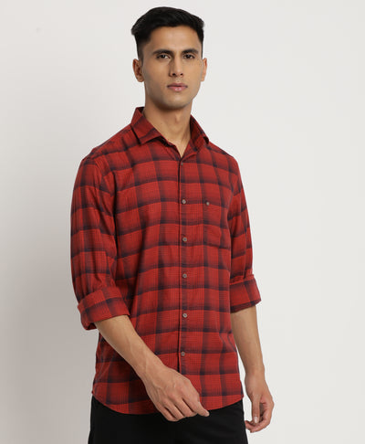 100% Cotton Red Checkered Slim Fit Full Sleeve Casual Shirt