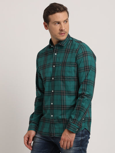 100% Cotton Green Checkered Slim Fit Full Sleeve Casual Shirt