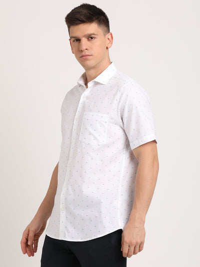 100% Cotton White Printed Slim Fit Half Sleeve Formal Shirt