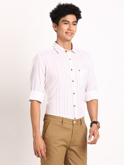 Cotton Linen White Striped Slim Fit Full Sleeve Casual Shirt