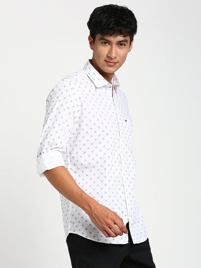 100% Cotton White Printed Slim Fit Full Sleeve Casual Shirt