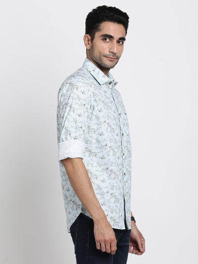 100% Cotton Sky Blue Printed Slim Fit Full Sleeve Casual Shirt