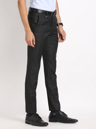 Poly Viscose Black Striped Ultra Slim Fit Flat Front Formal Trouser