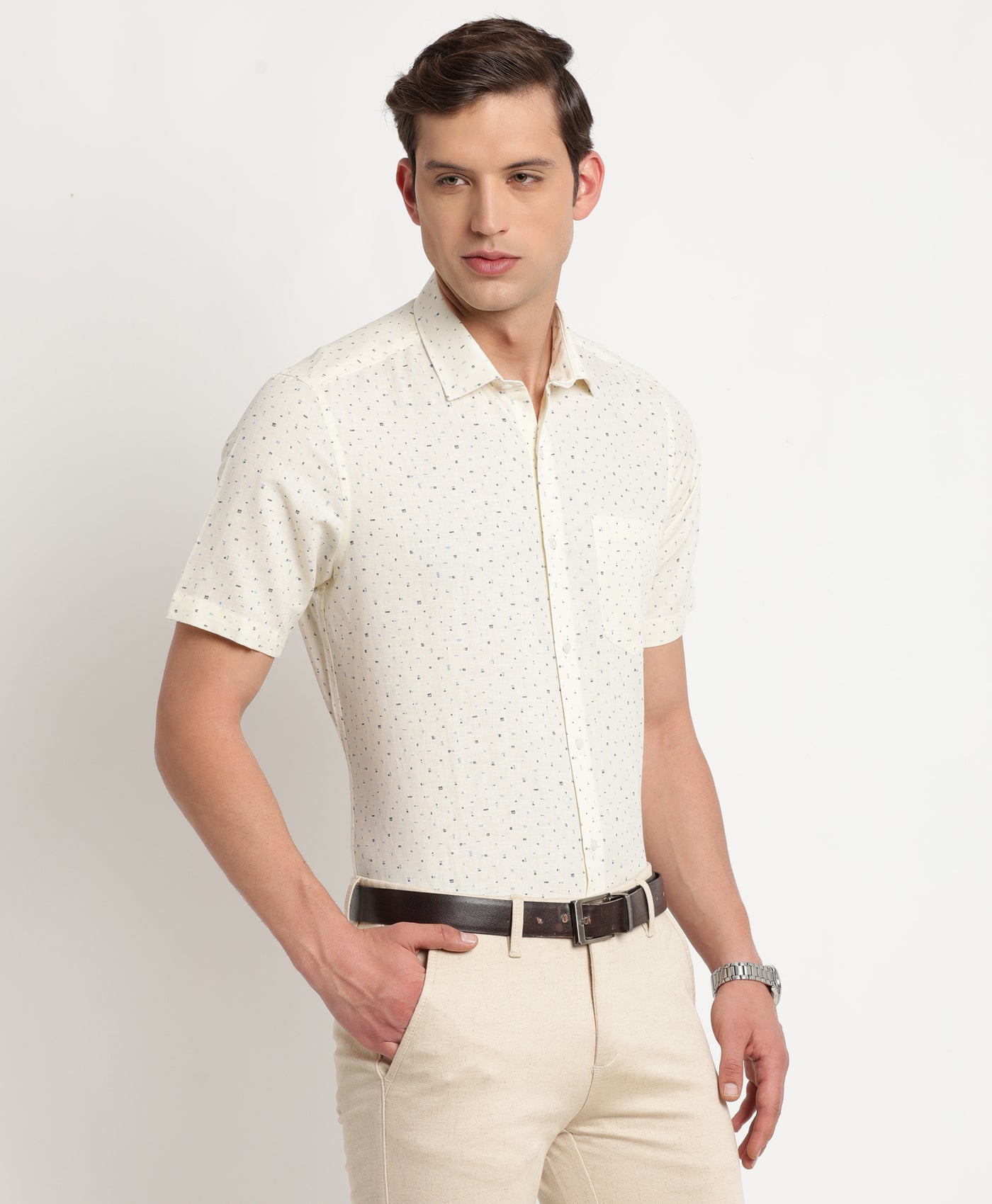 Cotton Linen Cream Printed Regular Fit Half Sleeve Formal Shirt