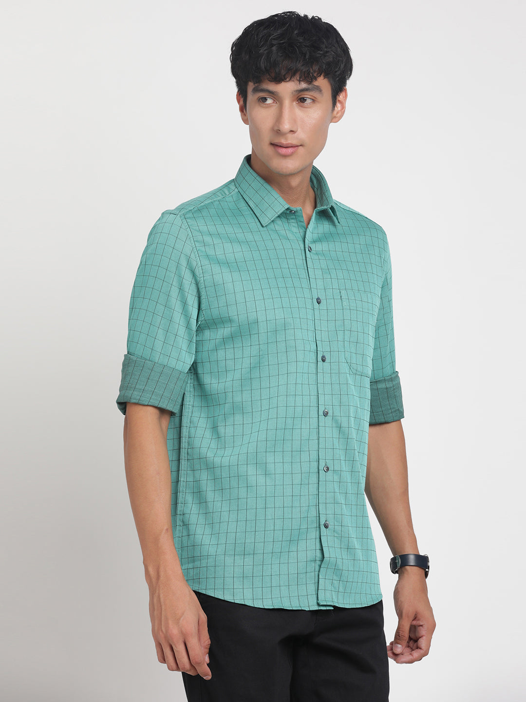 100% Cotton Green Checkered Slim Fit Full Sleeve Formal Shirt