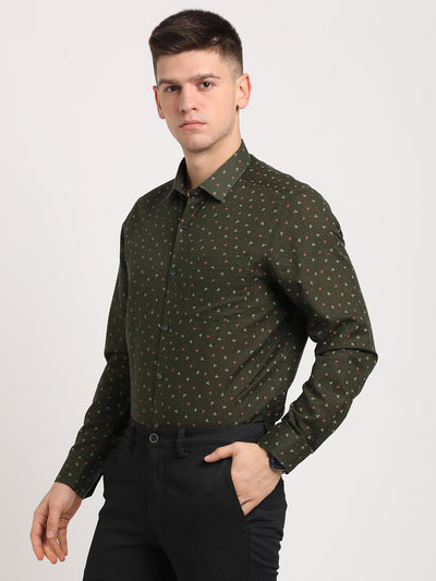 Cotton Linen Dark Green Printed Regular Fit Full Sleeve Formal Shirt